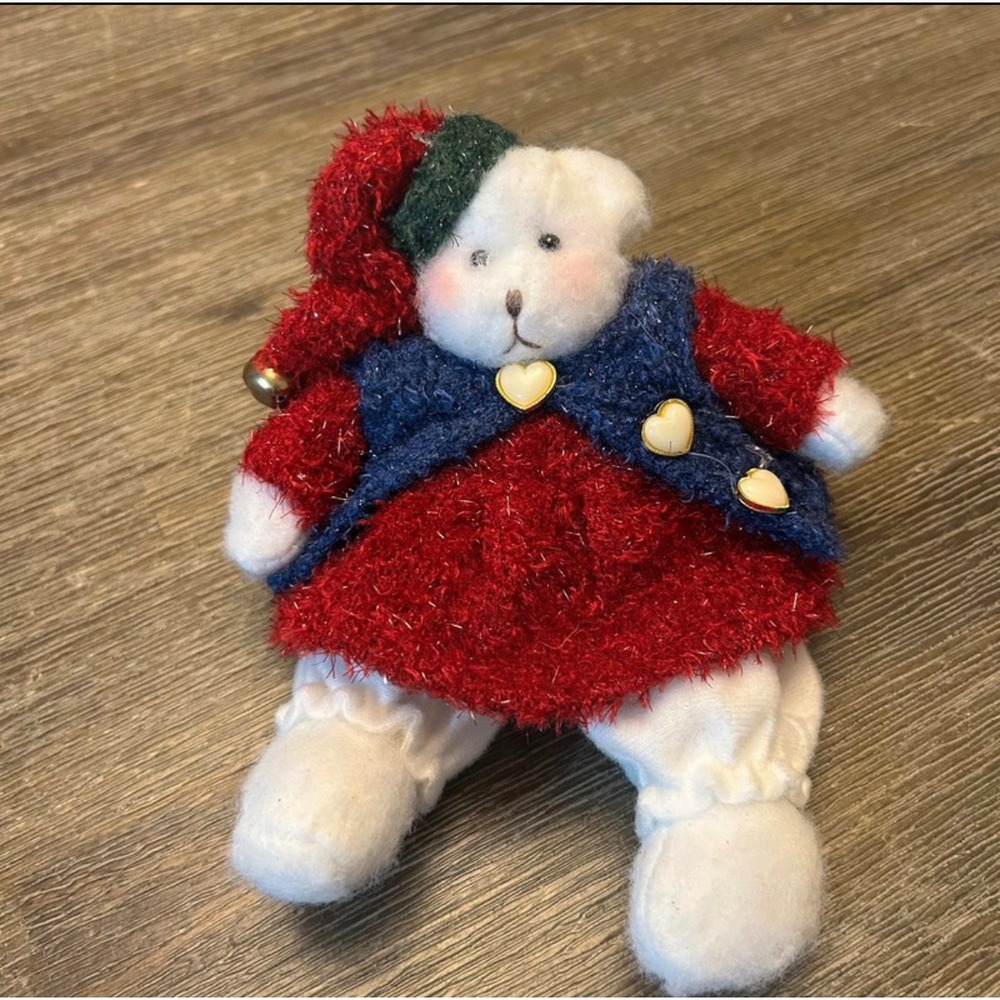 Christmas Plush Snowman Doll Red Blue Sweater Heart Buttons Bell Hat 8" Holiday